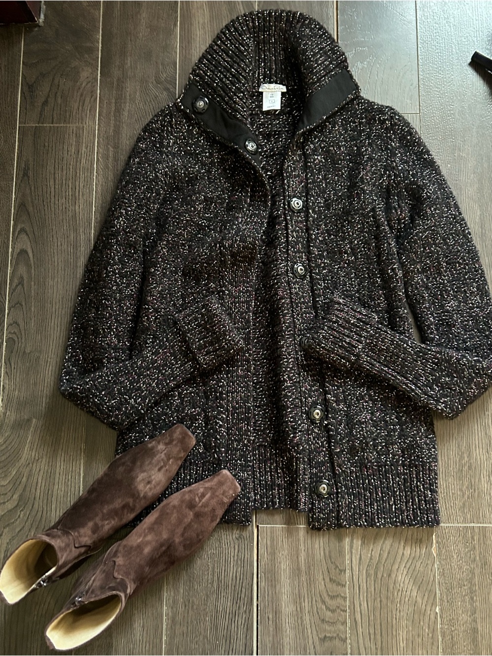 Oscar de la Renta Black Speckled Knit Coatigan S